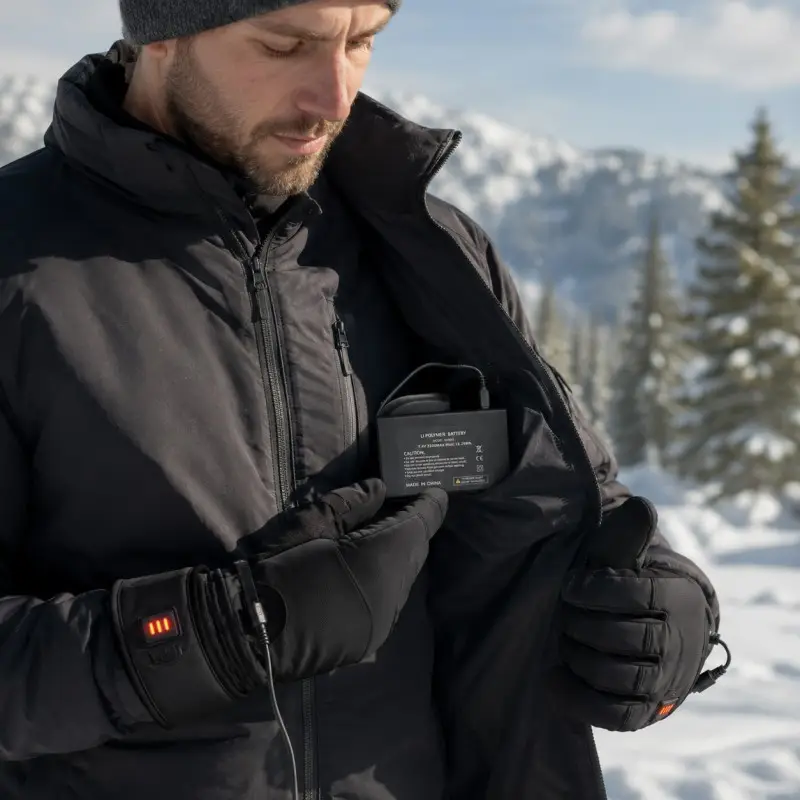 Compact 7.4V rechargeable battery for powering heated clothing and cold-weather wearable gear.