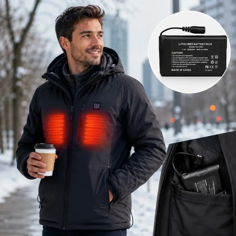 7.4V 5200mAh rechargeable battery pack for heated jackets, vests, and other heated clothing.