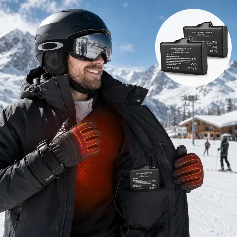 7.4V 4400mAh Li-polymer battery pack for ski gloves, heated jackets, and winter clothing.