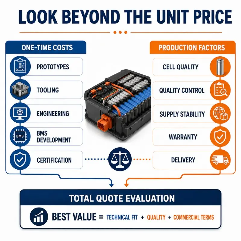 Custom battery manufacturer quote comparison covering cell type, BMS functions, testing, certification support, MOQ, lead time, and price.