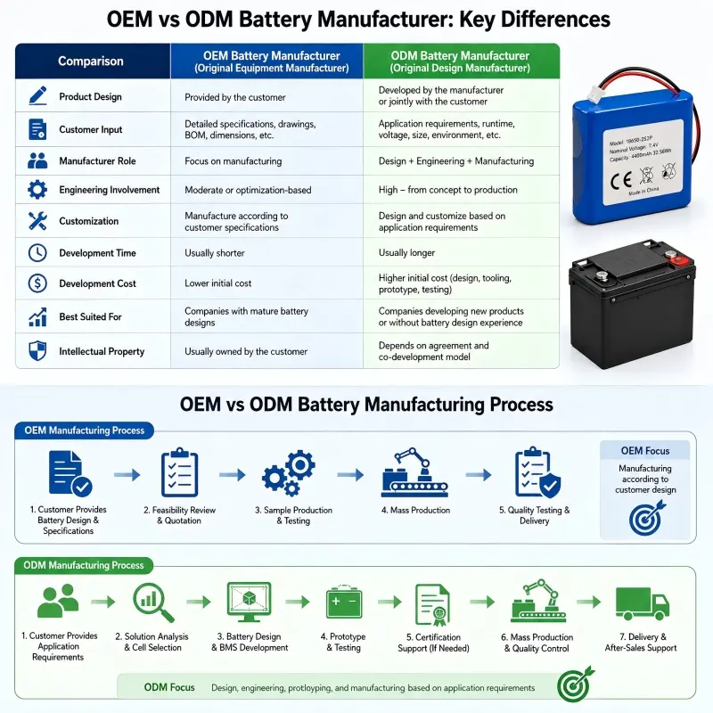 OEM vs ODM battery manufacturer comparison showing differences in battery design, engineering support, customization, and production.