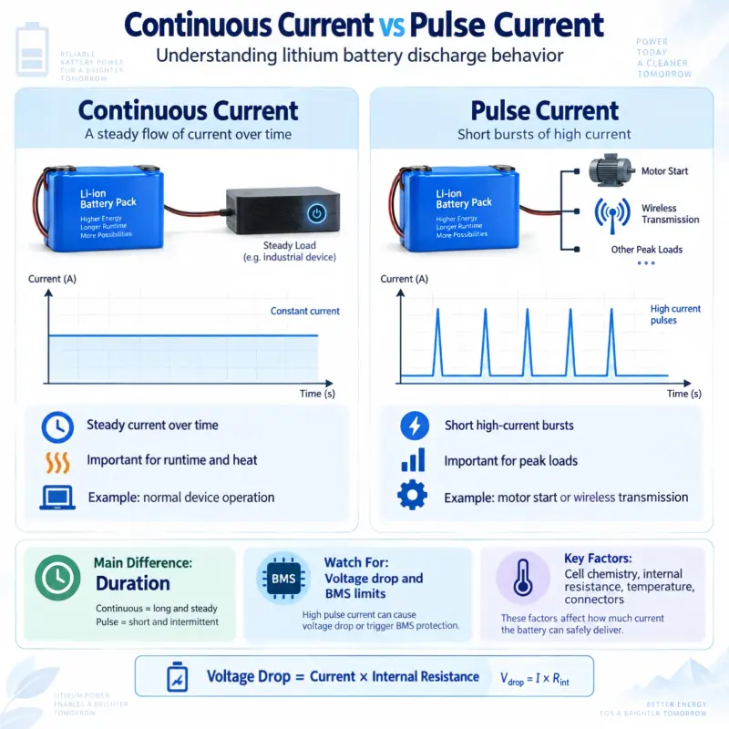 Continuous current vs pulse current in lithium battery packs showing steady discharge, short high-current bursts, BMS limits, voltage drop, and peak load examples