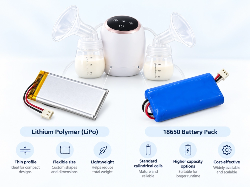 Lithium polymer vs 18650 battery packs for breast pump applications