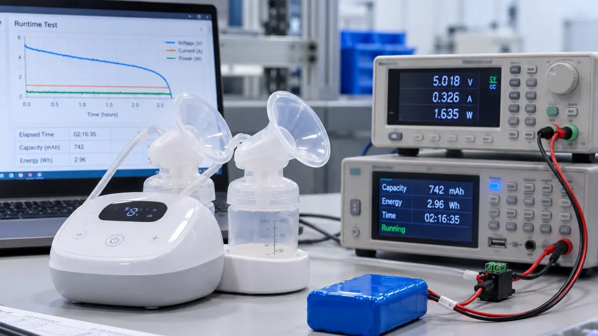 Rechargeable breast pump battery runtime testing