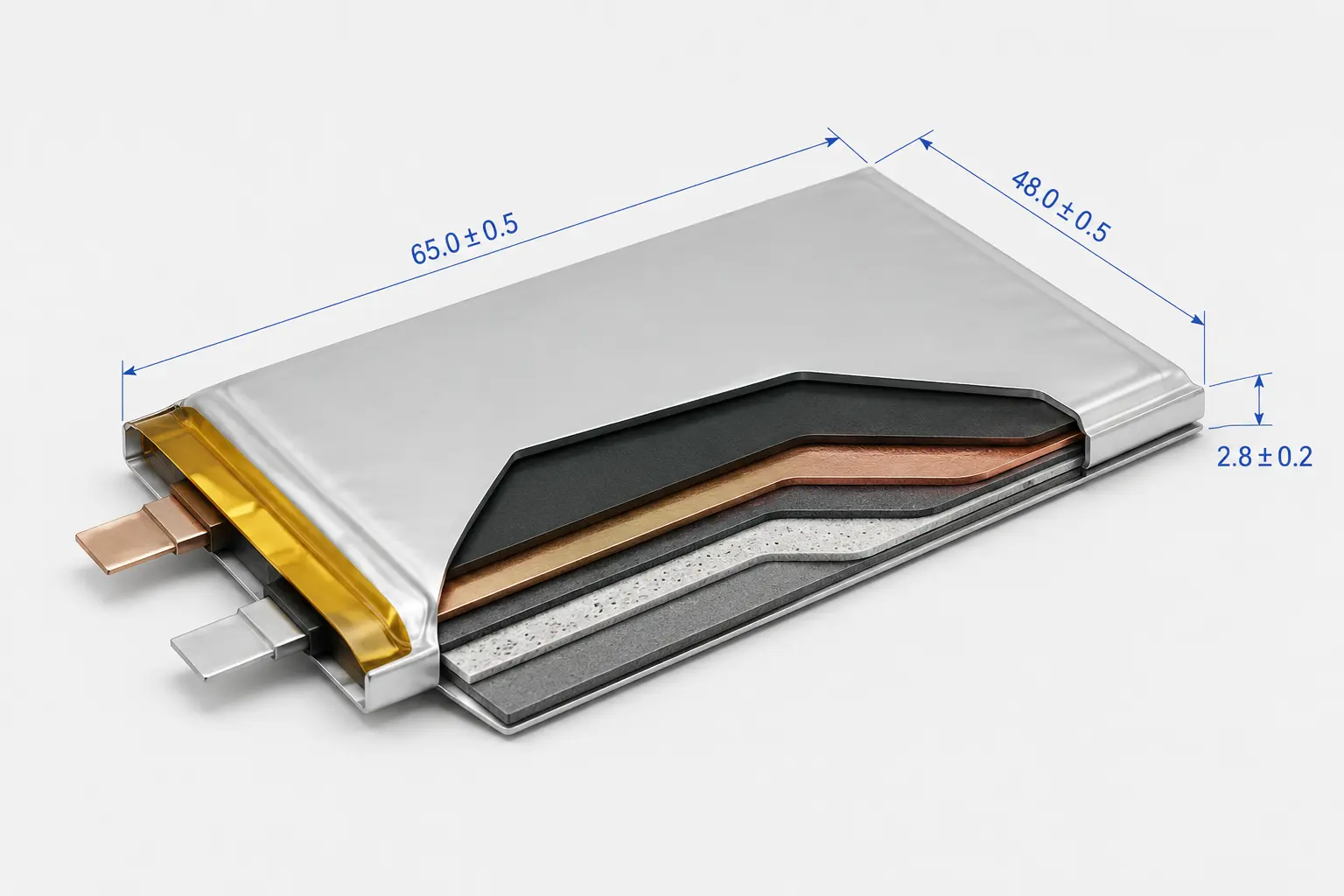 High-resolution cross-section diagram of thin LiPo battery cell showing internal layers and dimensions. 600x400px