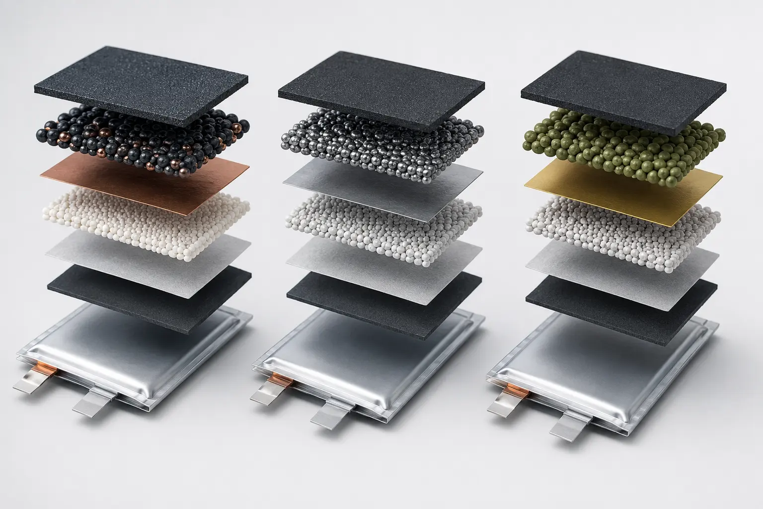 Illustration showing different LiPo battery chemistry compositions with material layer representations. 600x400px