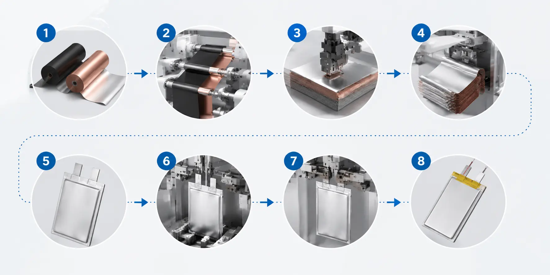 Infographic showing the complete thin LiPo battery manufacturing workflow with all 8 steps visually represented. 1000x500px