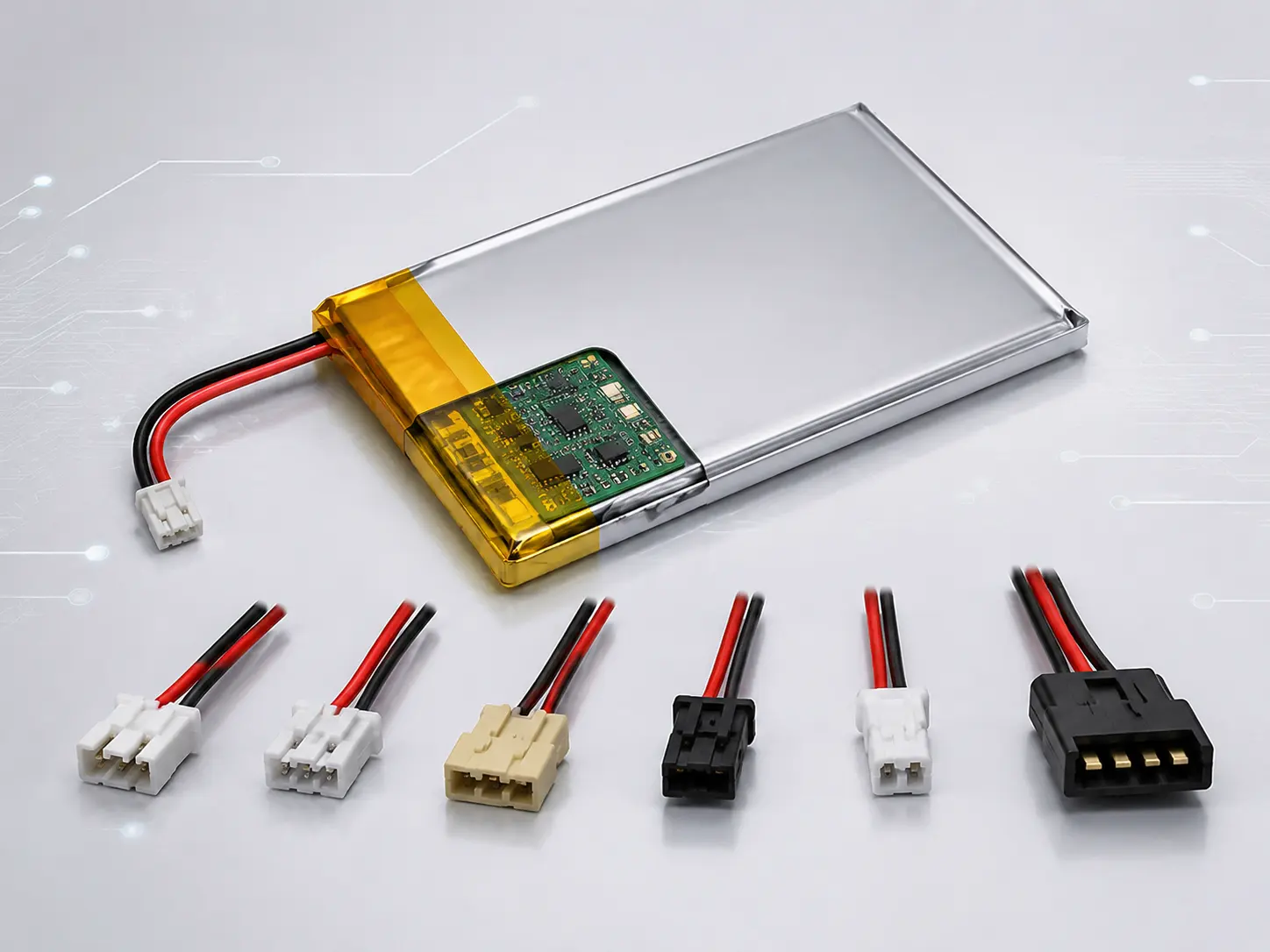 Illustration of custom LiPo battery with integrated BMS and connector options for GPS tracker applications, 400x300px